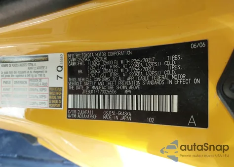 2007 Toyota Fj Cruiser z USA, uszkodzony, nr VIN JTEBU11F170026506